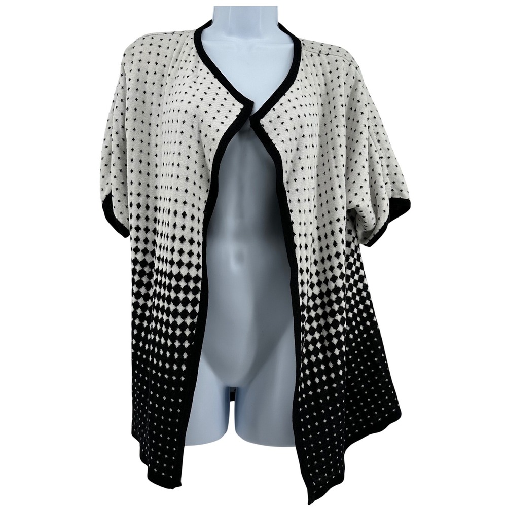 Chico's Cardigan Sweater Women Size 2 L Black White Geometric Ombre Open Front